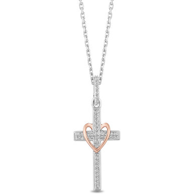 Cross & Heart Blessings pendant (1/10 ct. t.w.) in Sterling Silver & 14k Rose Gold (16"+2" extender)