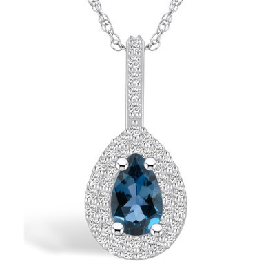 London Blue Topaz (1 Ct. T.W.) and Diamond (3/8 Ct. T.W.) Halo Pendant Necklace in 14K White Gold
