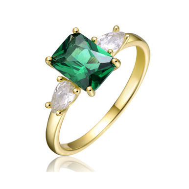 Sterling Silver 14k Yellow Gold Plated with Emerald & Cubic Zirconia 3-Stone Engagement Anniversary Ring