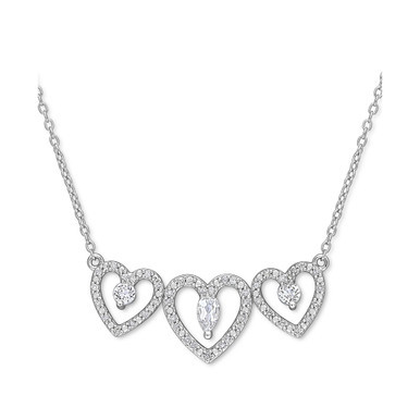 White Topaz (1/2 ct. t.w.) & Diamond (1/5 ct. t.w.) Triple Heart 18" Statement Necklace in Sterling Silver