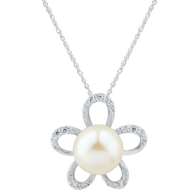 Cultured Freshwater Pearl (10mm) & White Topaz (3/8 ct. t.w.) Flower Pendant Necklace in Sterling Silver, 16" + 2" extender