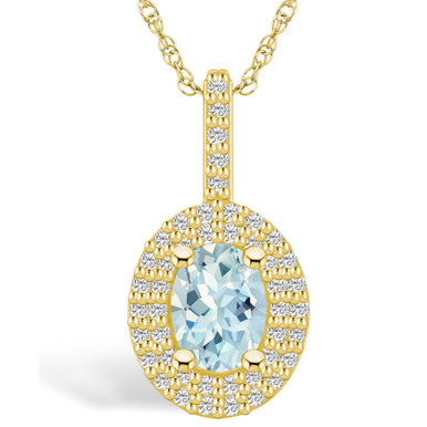Aquamarine (1-1/7 Ct. T.W.) and Diamond (1/2 Ct. T.W.) Halo Pendant Necklace in 14K Yellow Gold