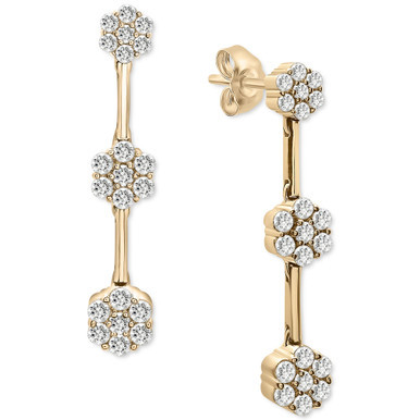 Diamond Triple Flower Cluster Drop Earrings (1-1/2 ct. t.w.) in 14k Gold, Created for Macy's
