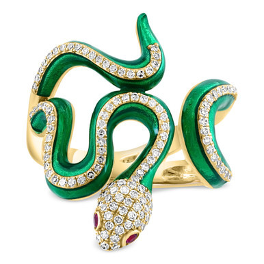 EFFY® Diamond (3/8 ct. t.w.) & Ruby Accent Enamel Snake Ring in 14k Gold