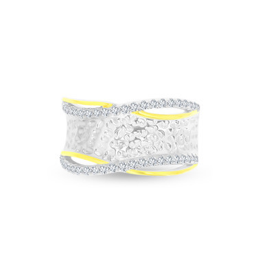 Cubic Zirconia Two Tone Hammered Criss Cross Ring