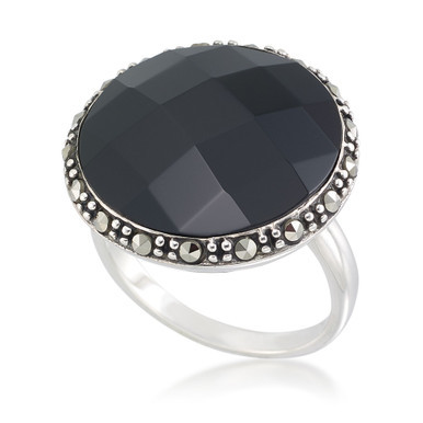 Faceted Onyx (18 x 5mm) & Marcasite Ring in Sterling Silver