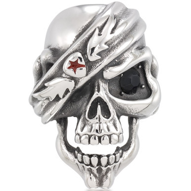 Men's Black Cubic Zirconia & Red Enamel Pirate Skull Ring in Stainless Steel
