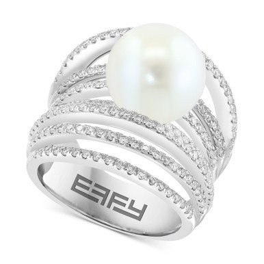 EFFY® Freshwater Pearl (11mm) & Diamond (1-1/4 ct. t.w.) Multirow Statement Ring in 14k White Gold