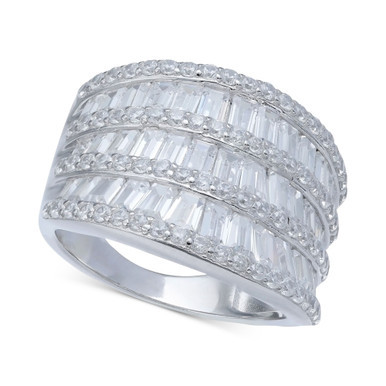 Cubic Zirconia Three Row Baguette Statement Ring in Sterling Silver
