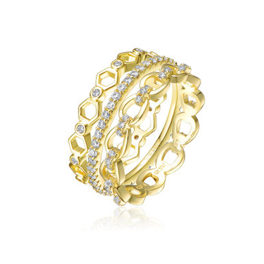 Sterling Silver 14K Gold Plated Clear Cubic Zirconia Wide Band Ring