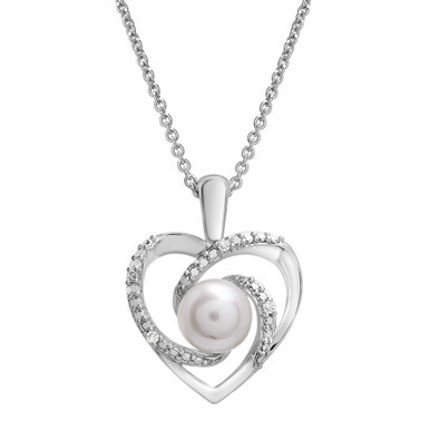 Cultured Freshwater Pearl (6mm) & Diamond Accent Swirl Heart 18" Pendant Necklace in Sterling Silver