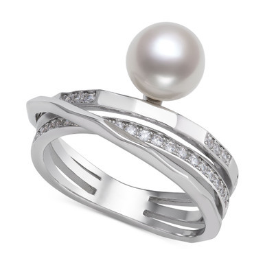 Cultured Freshwater Button Pearl (7mm) & Cubic Zirconia Multirow Statement Ring in Sterling Silver