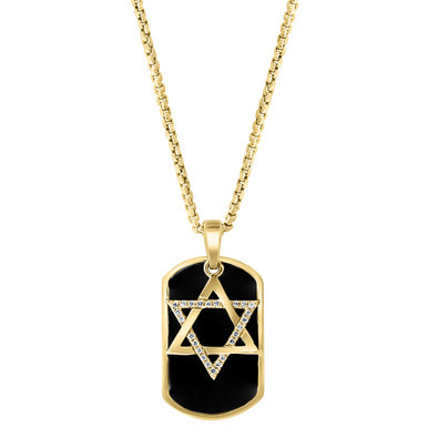 EFFY® Men's Onyx & Diamond (1/5 ct. t.w.) Star of David Dog Tag 22" Pendant Necklace in 14k Gold