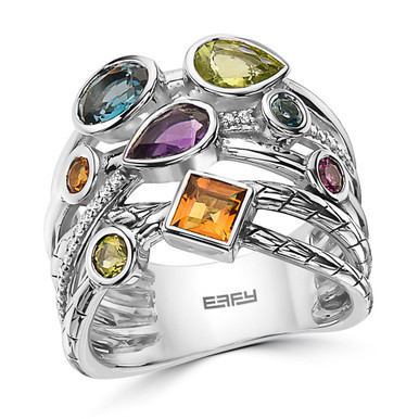 EFFY® Multi-Gemstone (1-3/4 ct. t.w.) & Diamond (1/10 ct. t.w.) Multirow Ring in Sterling Silver