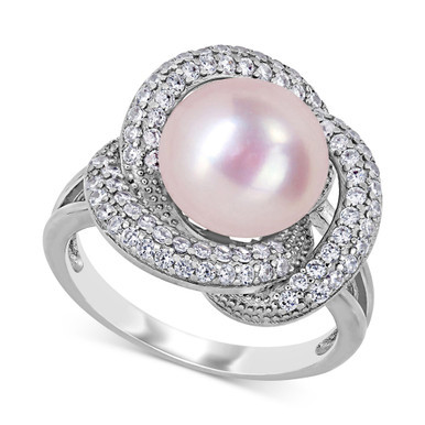 Pink Cultured Freshwater Pearl (10-1/2mm) & Cubic Zirconia Love Knot Statement Ring in Sterling Silver
