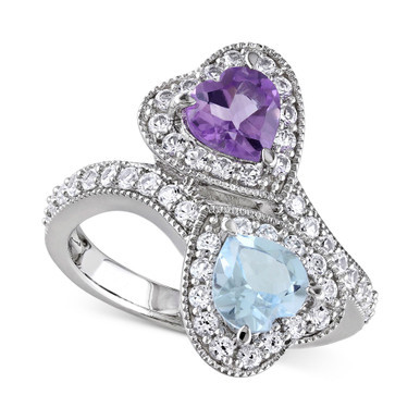 Amethyst (5/8 ct. t.w.), Blue Topaz (7/8 ct. t.w.), & Lab-Created White Sapphire (7/8 ct. t.w.) Heart Bypass Ring in Sterling Silver
