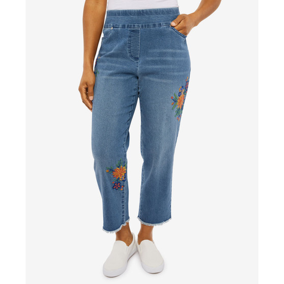 Petite Moody Blues Pull On Flower Embroidered Ankle Jeans