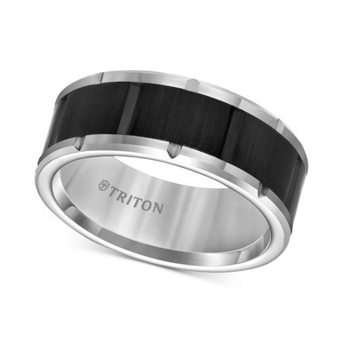 Men's Comfort Fit Band in Black and White Tungsten Carbide
