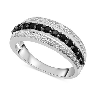 Onyx & Diamond Accent Triple Row Ring in Sterling Silver