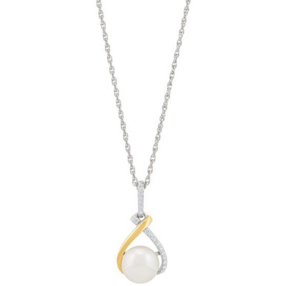 Cultured Freshwater Button Pearl (8mm) & White Topaz (1/10 ct. t.w.) Interlocking Pendant Necklace in Sterling Silver & 14k Gold, 16" + 2" extender