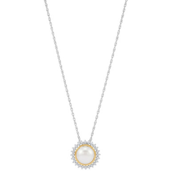 Cultured Freshwater Button Pearl (8mm) & White Topaz (1/4 ct. t.w.) Halo Pendant Necklace in Sterling Silver & 14k Gold, 16" + 2" extender