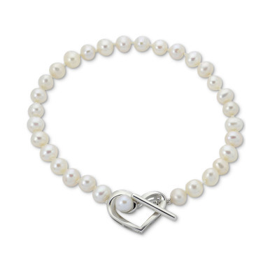 Cultured Freshwater Pearl (5-6mm) Heart Toggle Bracelet in Sterling Silver