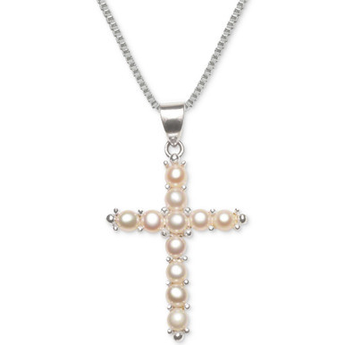 Cultured Freshwater Pearl (3-1/2mm) Cross 18" Pendant Necklace in Sterling Silver