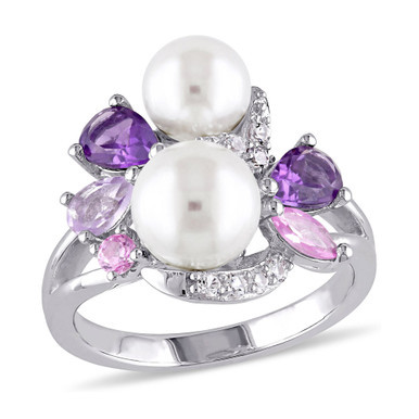 Cultured Freshwater Pearl (6-1/2 & 7-1/2mm) & Multi-Gemstone (1-3/8 ct. t.w.) Cluster Ring in Sterling Silver