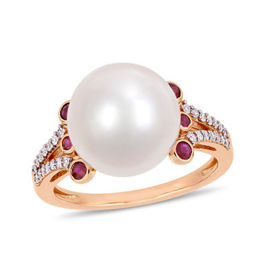 Freshwater Cultured Pearl (11-12mm), Ruby (1/5 ct. t.w.) and Diamond (1/7 ct. t.w.) Split Shank Ring in 10k Rose Gold