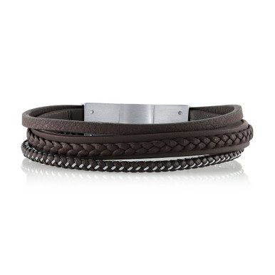 Brown Leather and Stainless Steel Triple Wrap Bracelet, 8.5"