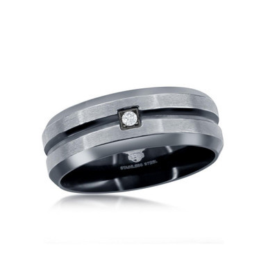 Mens Stainless Steel Black and Silver CZ Ring