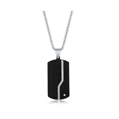 Mens Stainless Steel Black Pebbled Single CZ Dog Tag Necklace