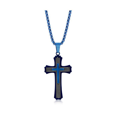 Mens Stainless Steel Black Blue 3D Cross Necklace