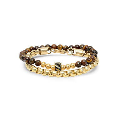 Men's 2 Pieces 18k Gold Plated Stainless Steel Rounded Box Chain Bracelet and Tiger Eye Beaded Bracelet Set
