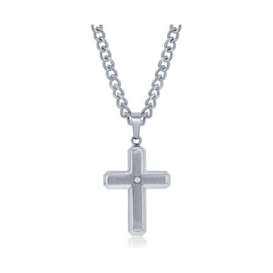 Mens Stainess Steel Brushed Polished w/ CZ Cross Necklace
