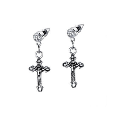 Stainless Steel Oxidized Cross Charm & CZ Huggie Hoop Earrings