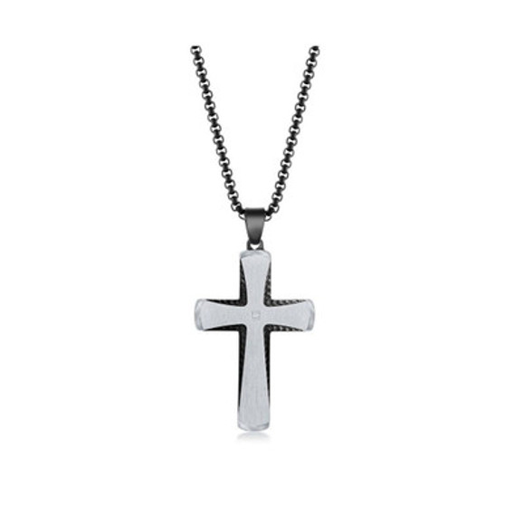 Men's Stainless Steel Black & Silver Single CZ Cross Necklace