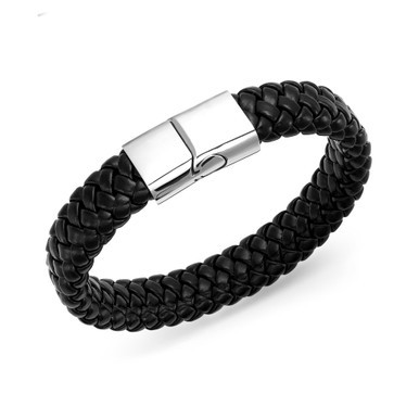 Men's Stainless Steel Clasp and Black Braided Leather Bracelet