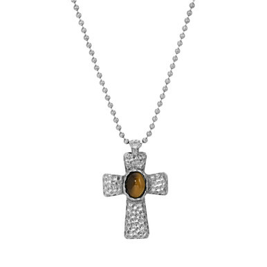 Men's Silver-Tone Tiger Eye Hammered Metal Cross Necklace