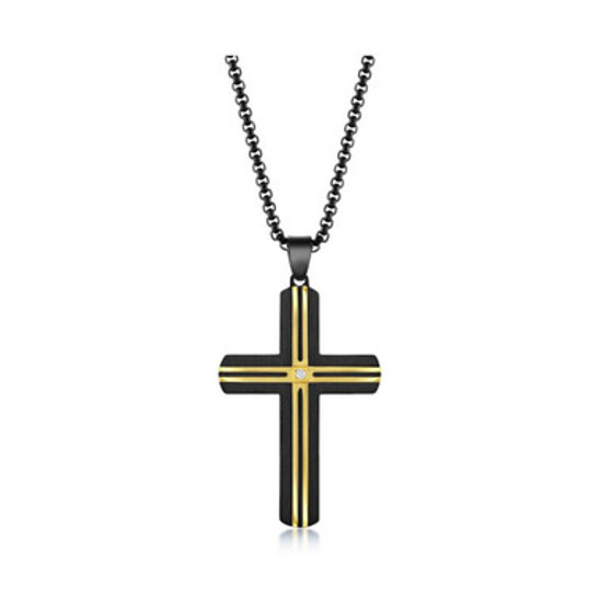 Mens Stainless Steel Black & Gold Lined Single CZ Cross Necklace