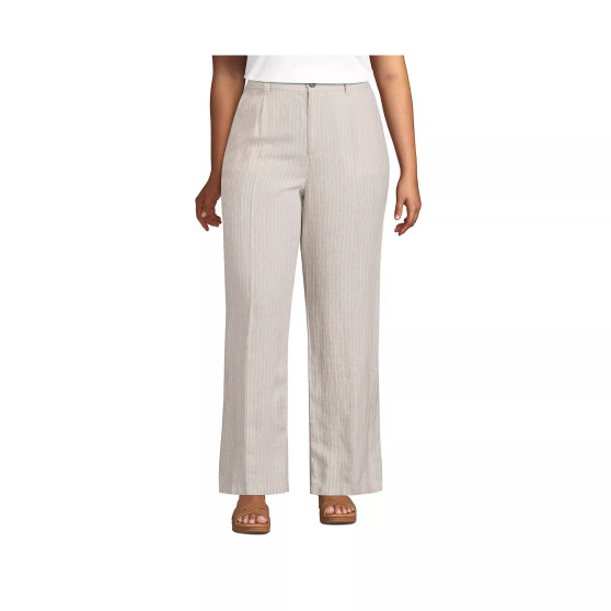 Women's Plus Size High Rise Elastic Back Wide Leg Linen Pleated Pants
