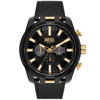 Men's Split Black Leather Strap Watch, 51mm