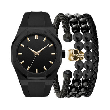 Men's Black Silicone Strap Watch 47mm Gift Set