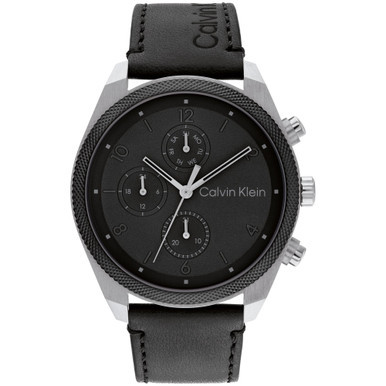 Men's Multifunction Black Leather Strap Watch 44mm