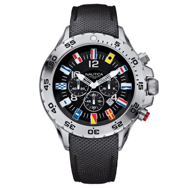 Men's N16553G NST Chrono Flags Black Resin-Coated Leather Strap Watch