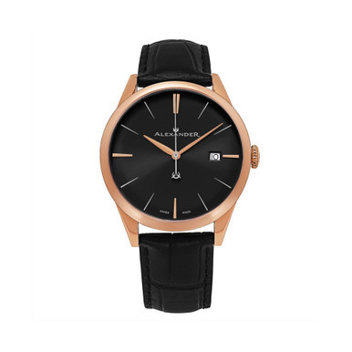 Alexander Watch A911-05, Stainless Steel Rose Gold Tone Case on Black Embossed Genuine Leather Strap