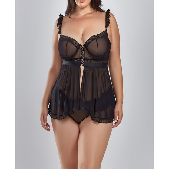 Plus Size Jasmine 2 Piece Soft Cup Mesh Babydoll with Lace Trim Lingerie Set