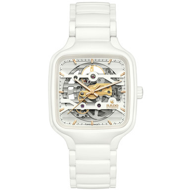 Unisex Swiss Automatic True Square Skeleton White High-Tech Ceramic Bracelet Watch 38mm