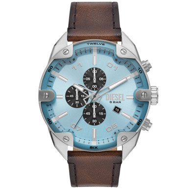 Men's Spiked Brown Leather Strap Watch, 49mm
