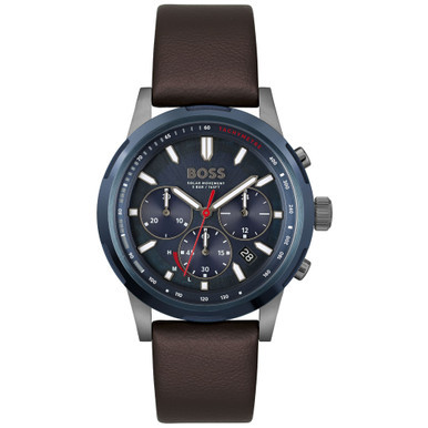 Men's Solgrade Solar Quartz Chronograph Brown Leather Strap Watch 44mm